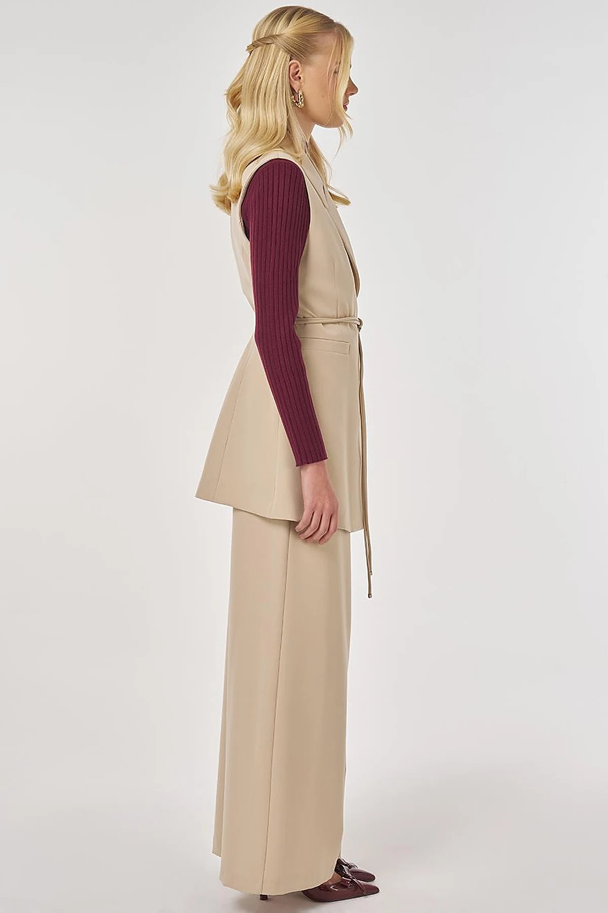 Two-Piece Set with Leather Cord Belt Detail and Vest in Stone 