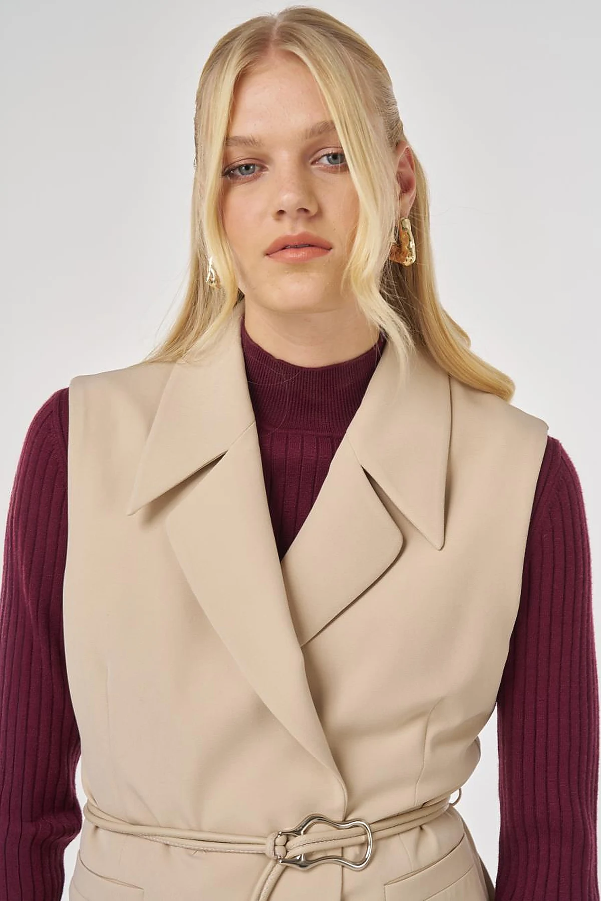 Two-Piece Set with Leather Cord Belt Detail and Vest in Stone 