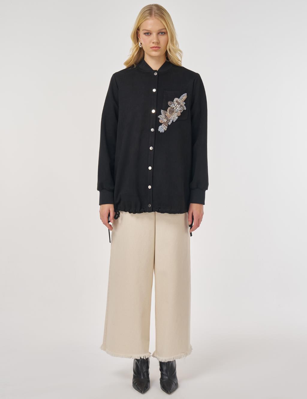 İşlemeli Süet Tunik Siyah