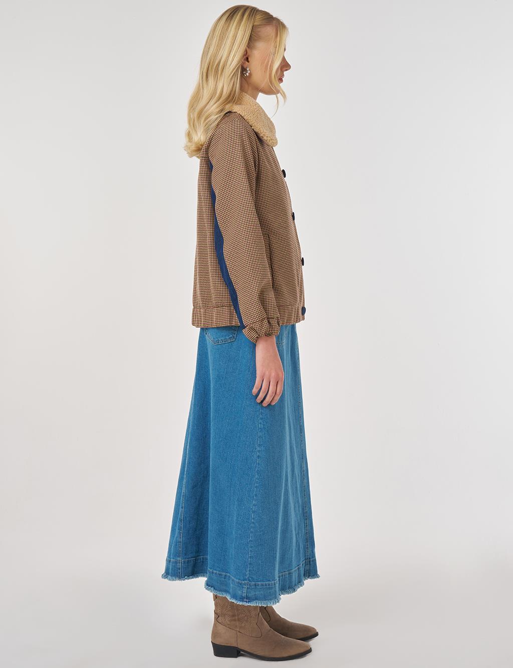 Faux Fur Collar Houndstooth Pattern Jacket Burgundy