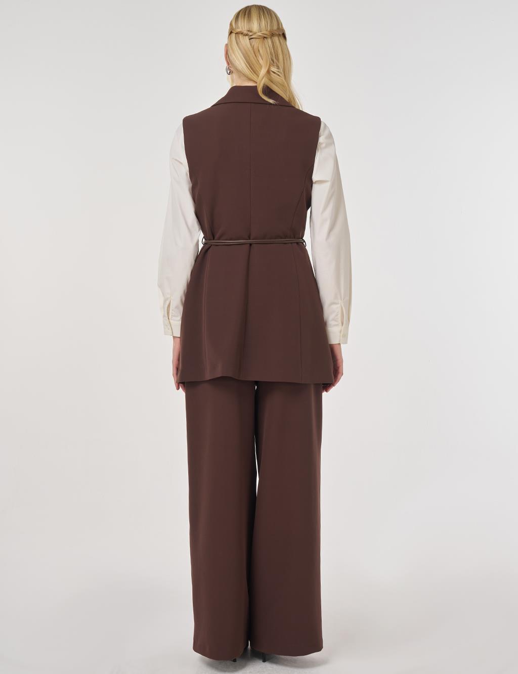 Two-Piece Set with Leather Cord Belt Detail and Vest in Dark Brown