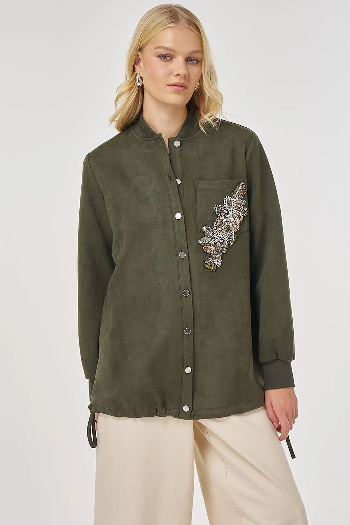 Embroidered Suede Tunic in Dark Khaki