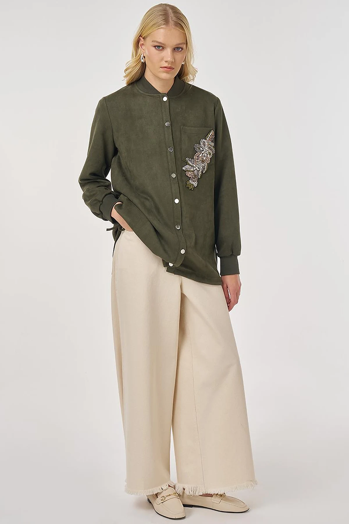Embroidered Suede Tunic in Dark Khaki