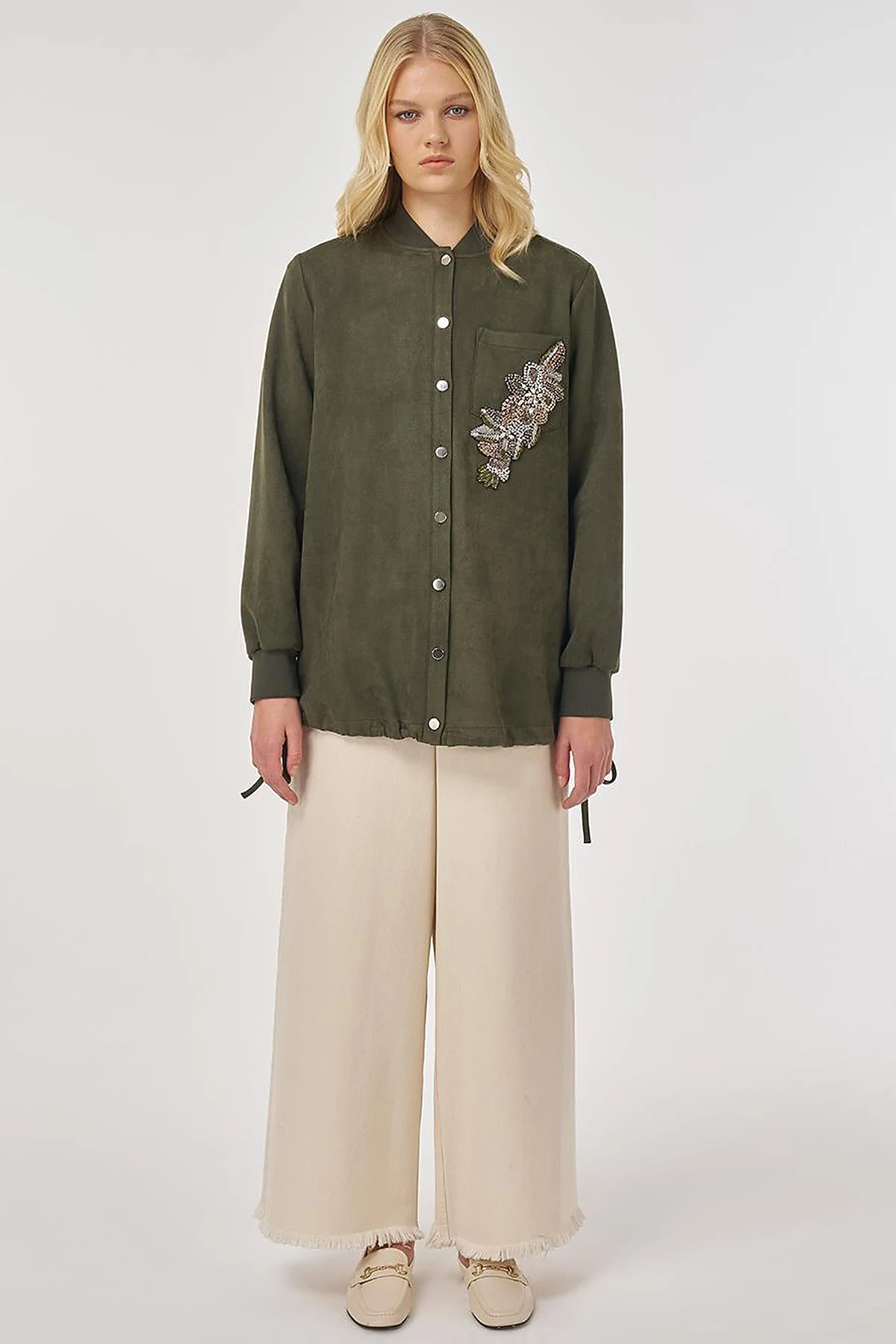 Embroidered Suede Tunic in Dark Khaki