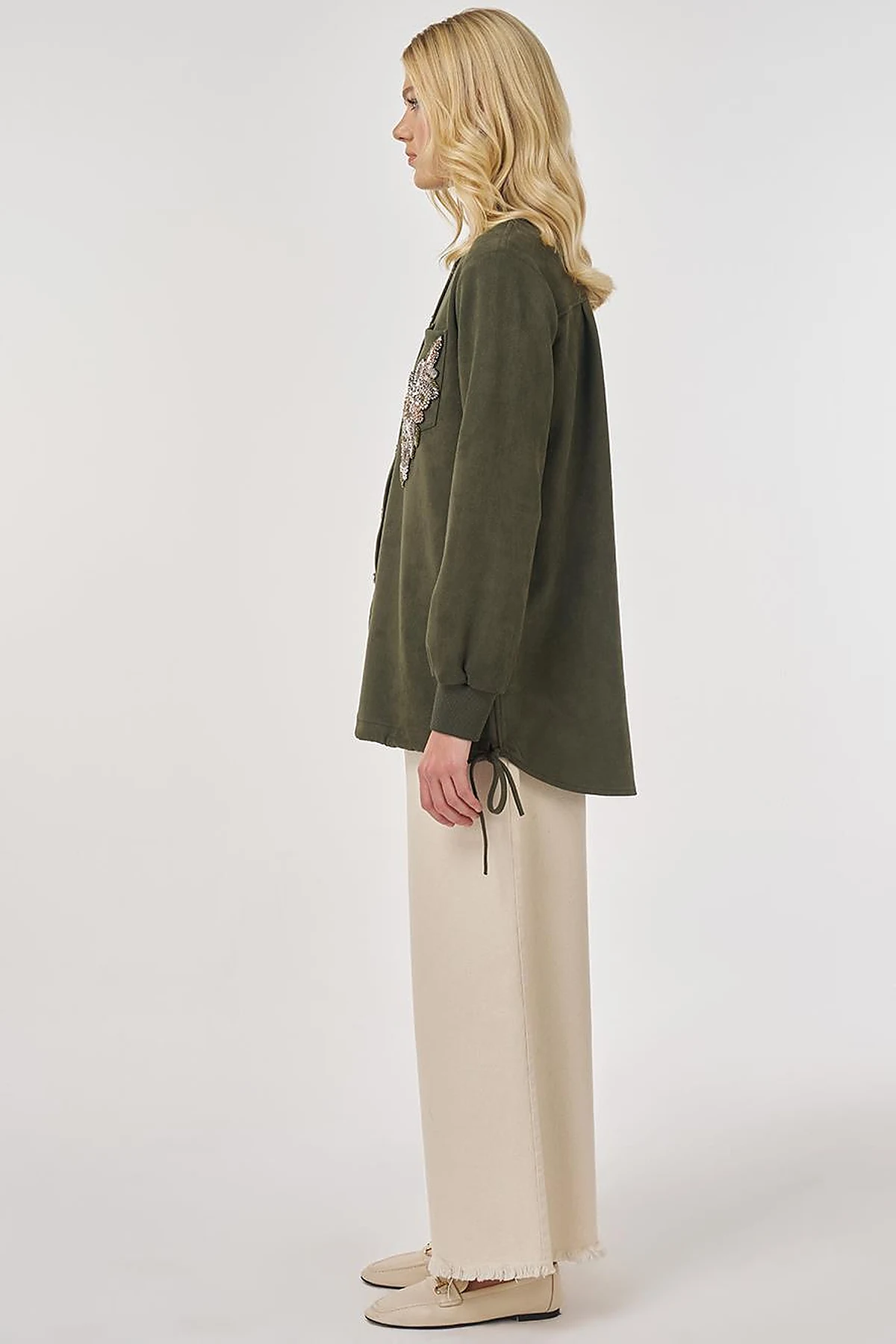 Embroidered Suede Tunic in Dark Khaki