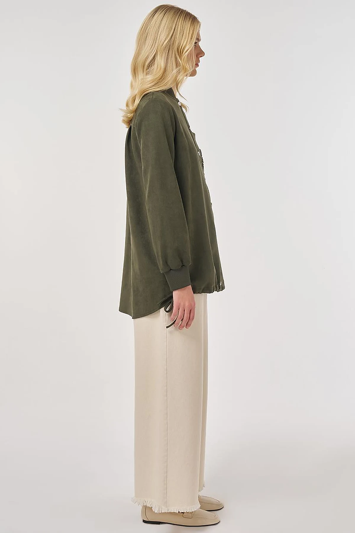 Embroidered Suede Tunic in Dark Khaki