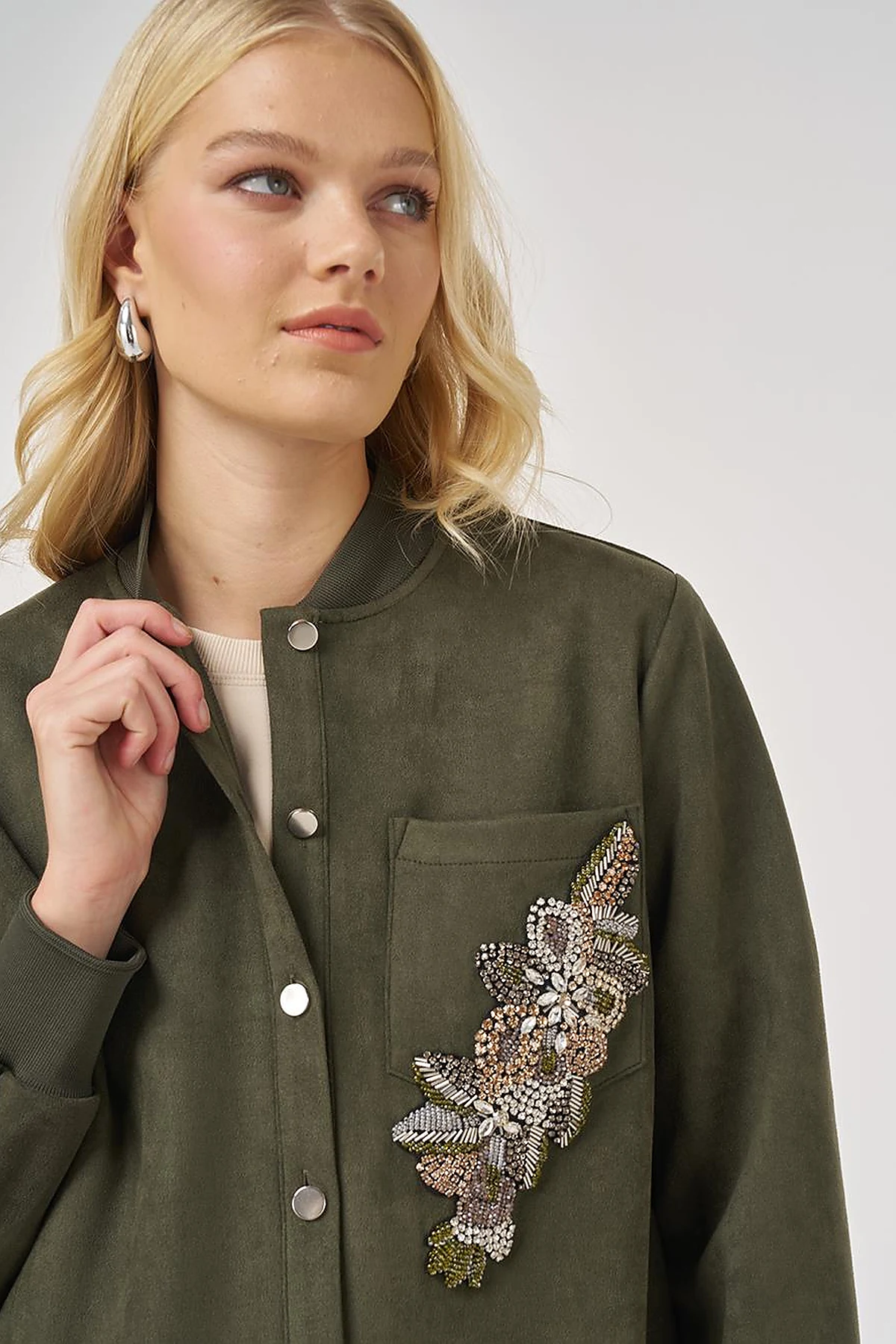 Embroidered Suede Tunic in Dark Khaki