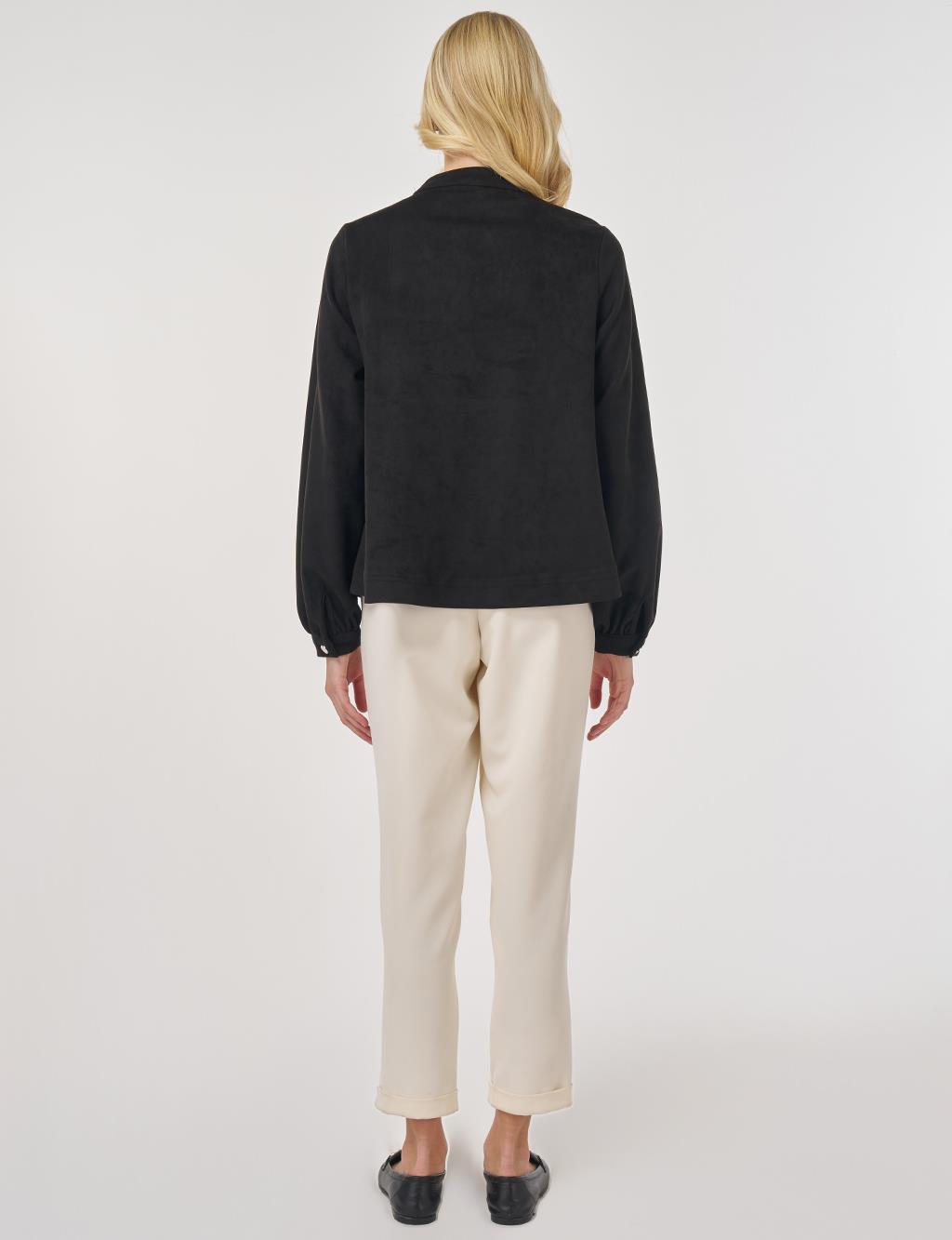 Dik Yaka Süet Bluz Siyah