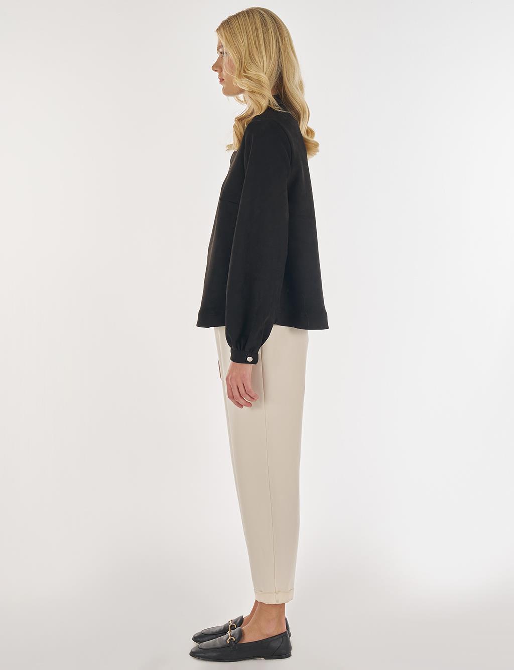 Dik Yaka Süet Bluz Siyah