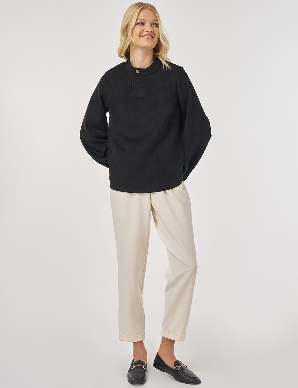 Dik Yaka Süet Bluz Siyah