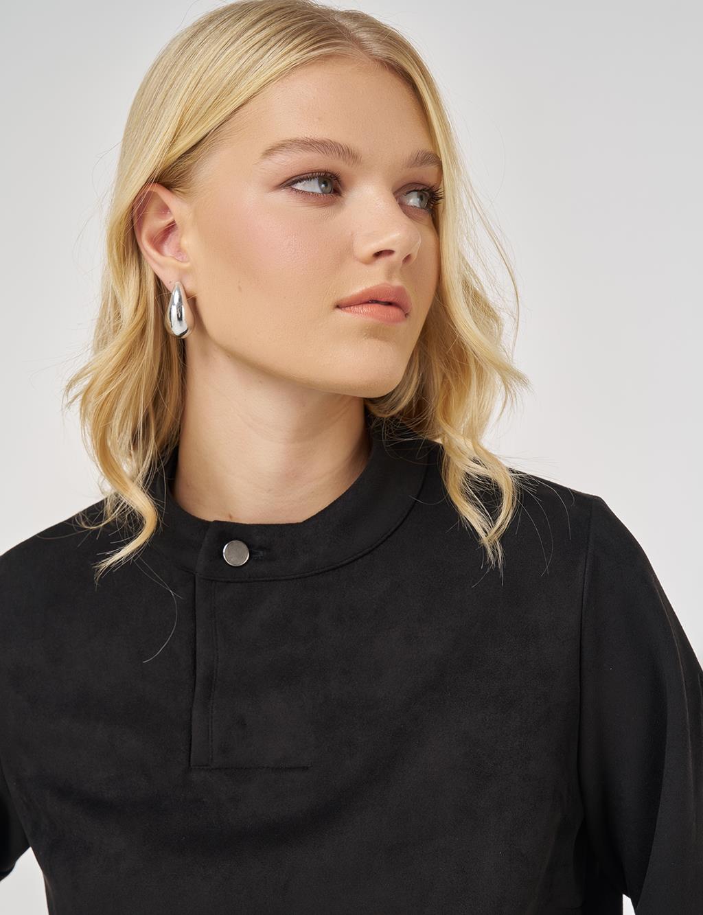 Dik Yaka Süet Bluz Siyah