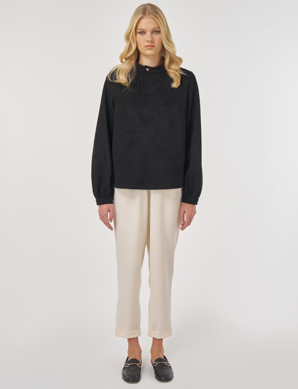 Dik Yaka Süet Bluz Siyah