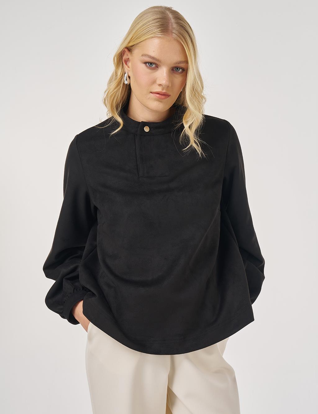 Dik Yaka Süet Bluz Siyah