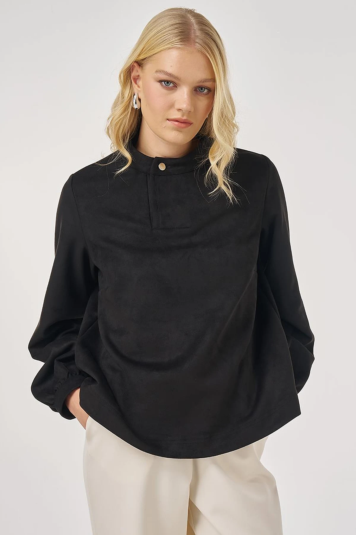 Stand Collar Suede Blouse in Black