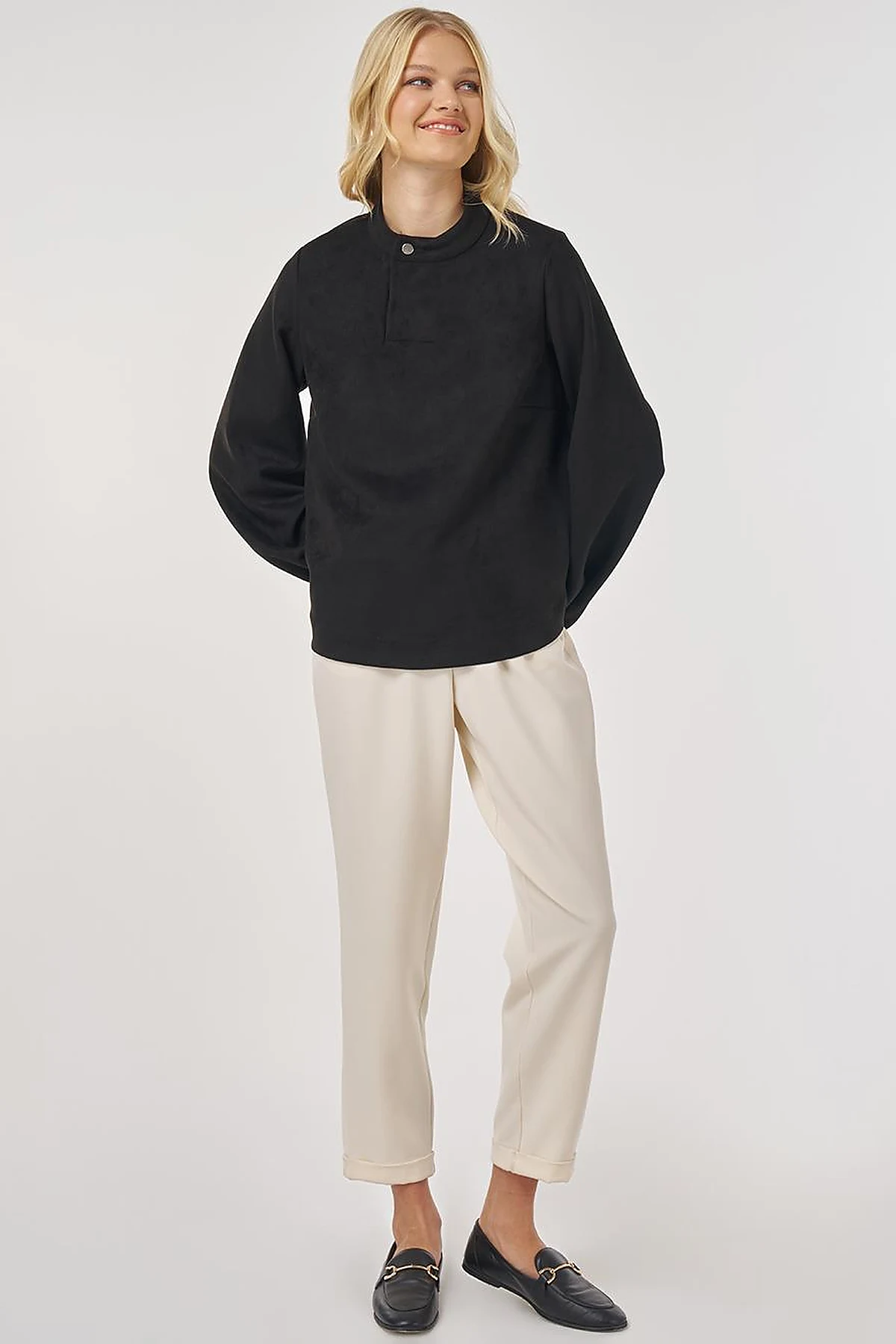 Stand Collar Suede Blouse in Black