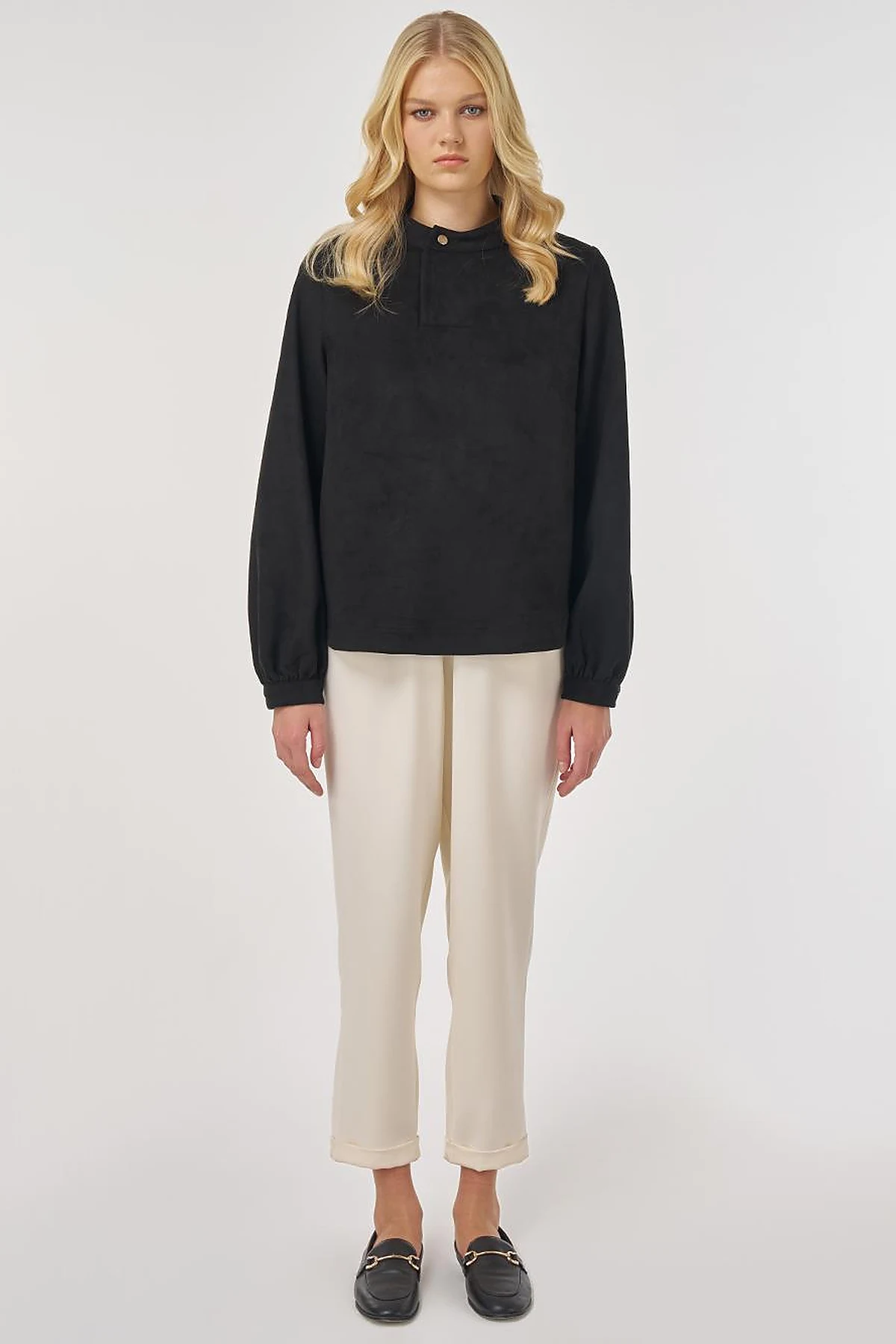 Stand Collar Suede Blouse in Black