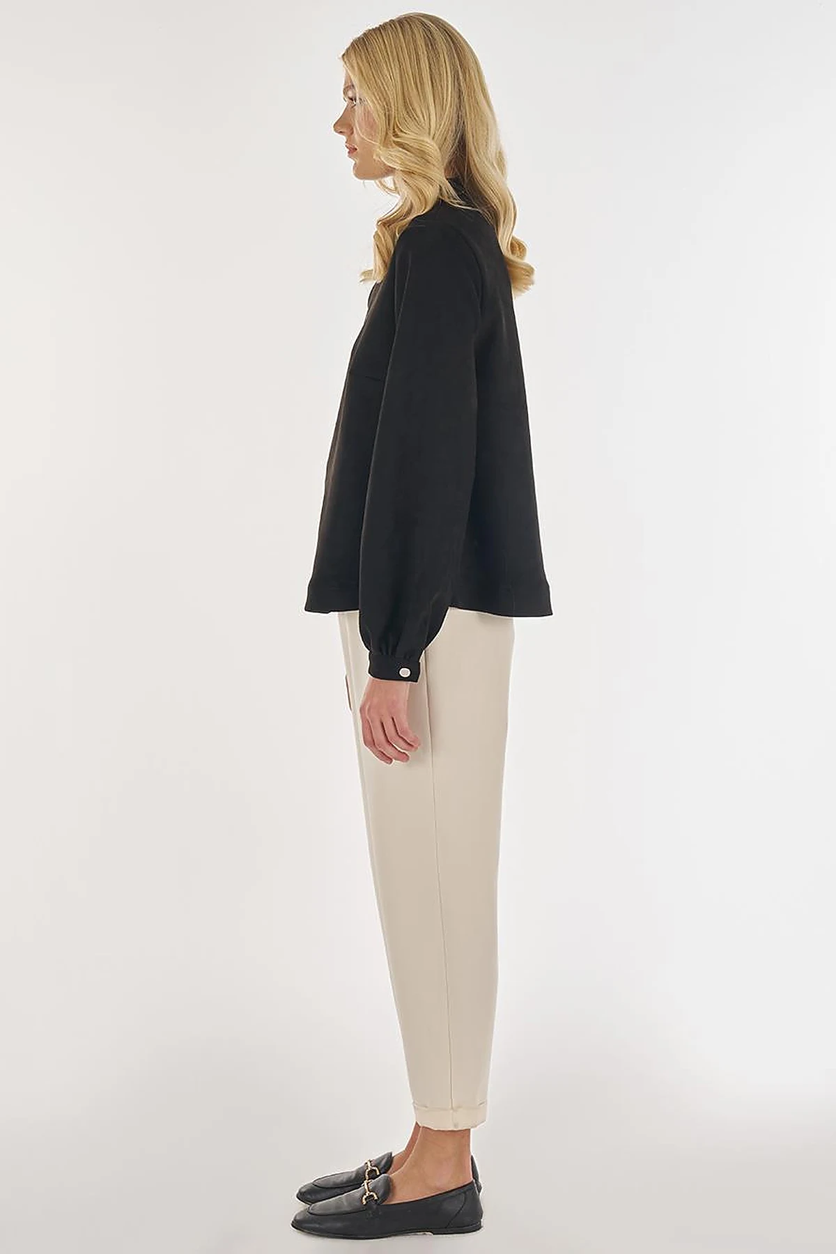 Stand Collar Suede Blouse in Black