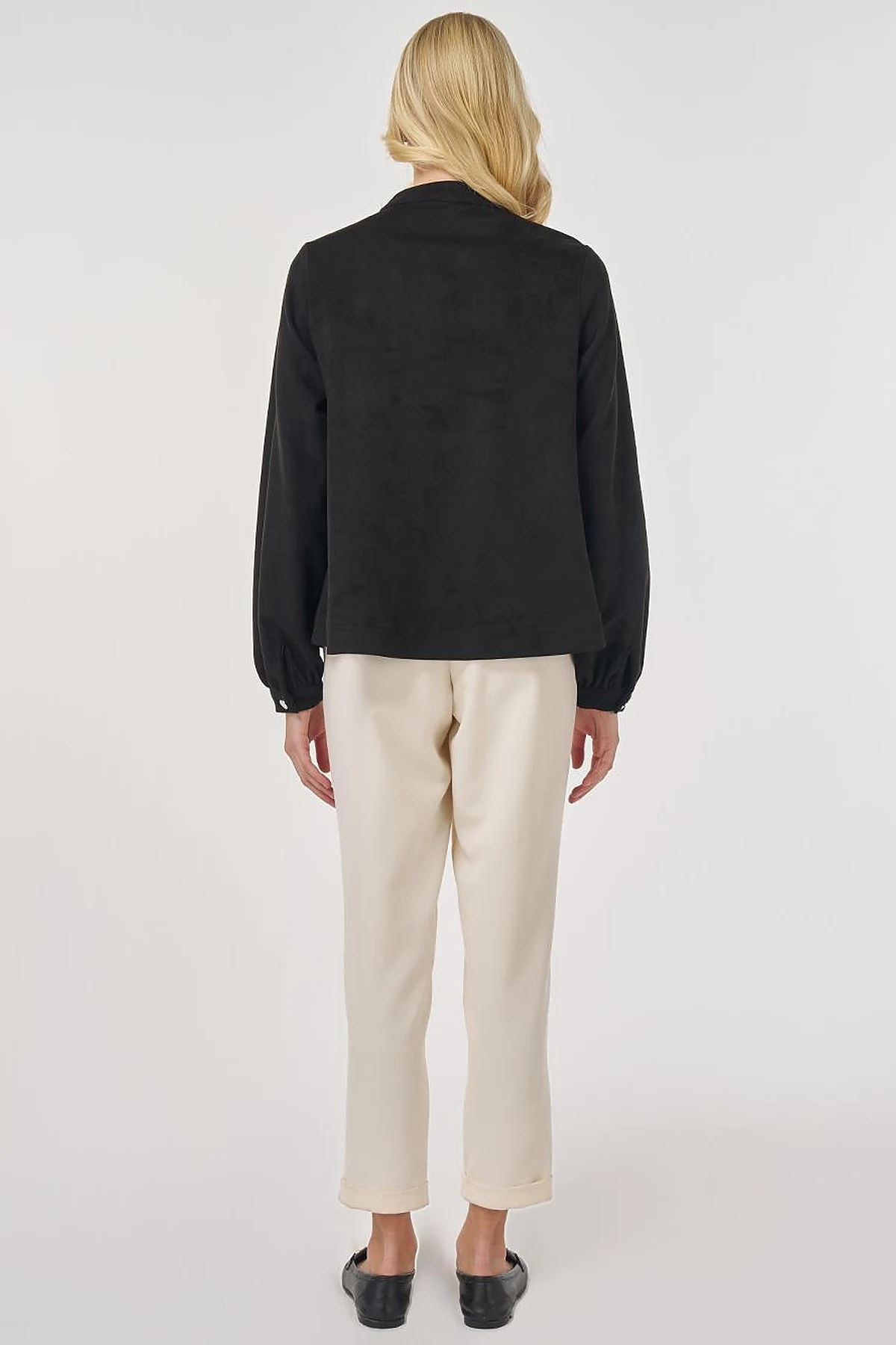 Stand Collar Suede Blouse in Black