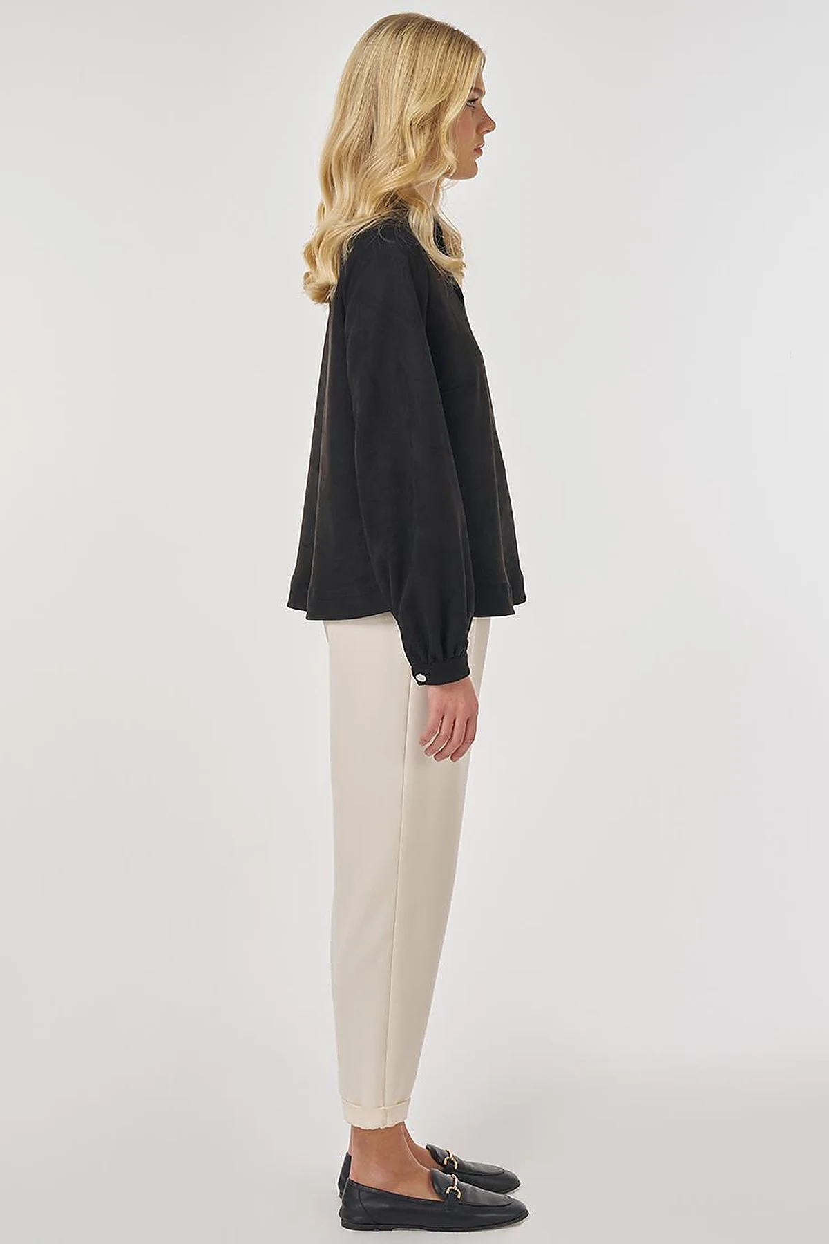 Stand Collar Suede Blouse in Black