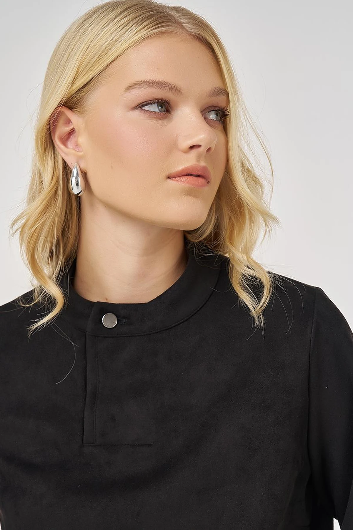 Stand Collar Suede Blouse in Black