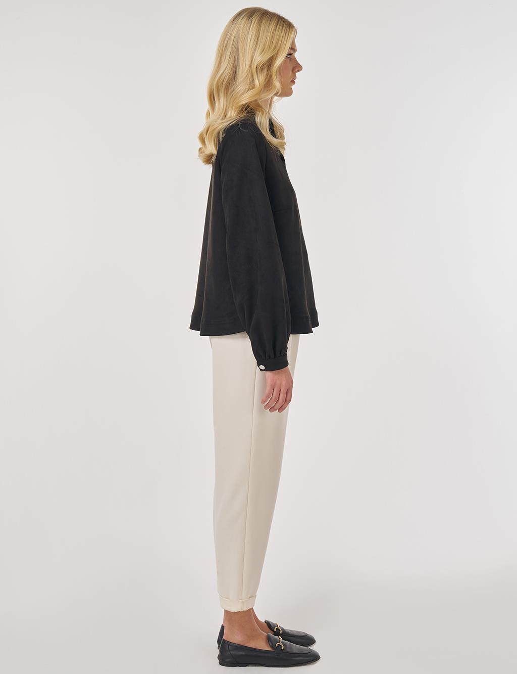Dik Yaka Süet Bluz Siyah