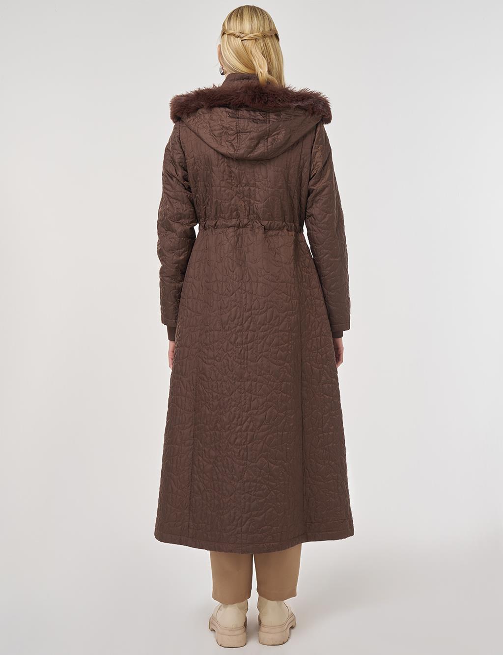 Fur-Detailed Quilted Coat in Dark Brown