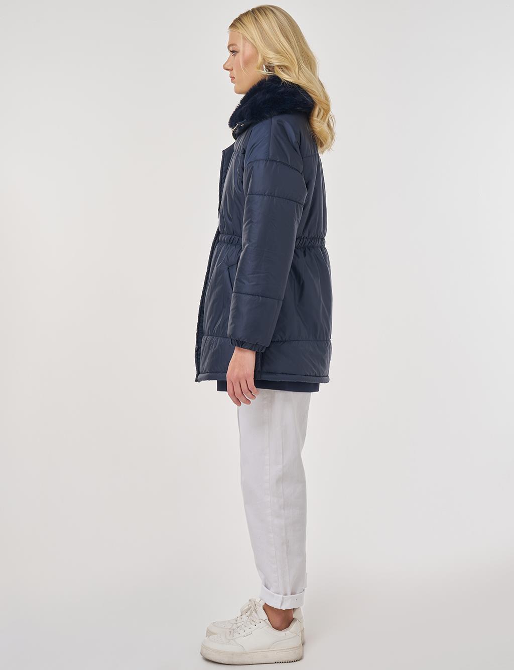Fur-Collar Quilted Coat in Dark Navy