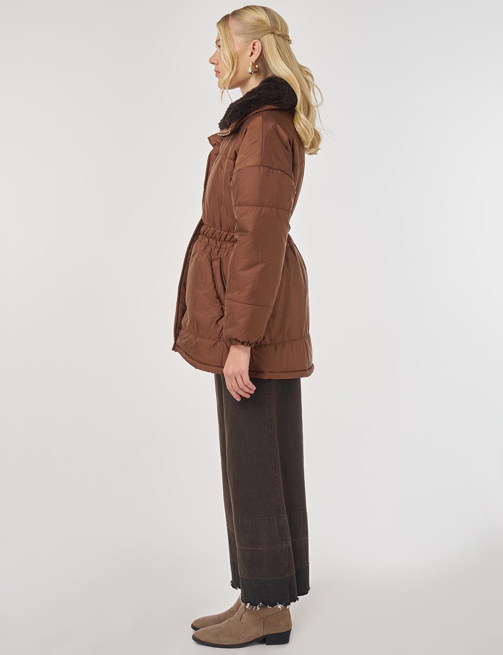 Fur-Collar Quilted Coat in Coffee