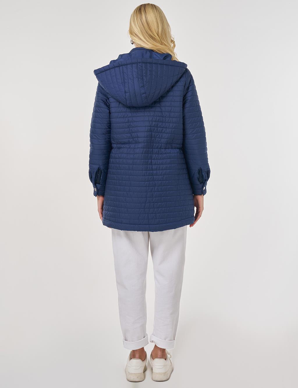 Hooded Quilted Coat in Navy Blue