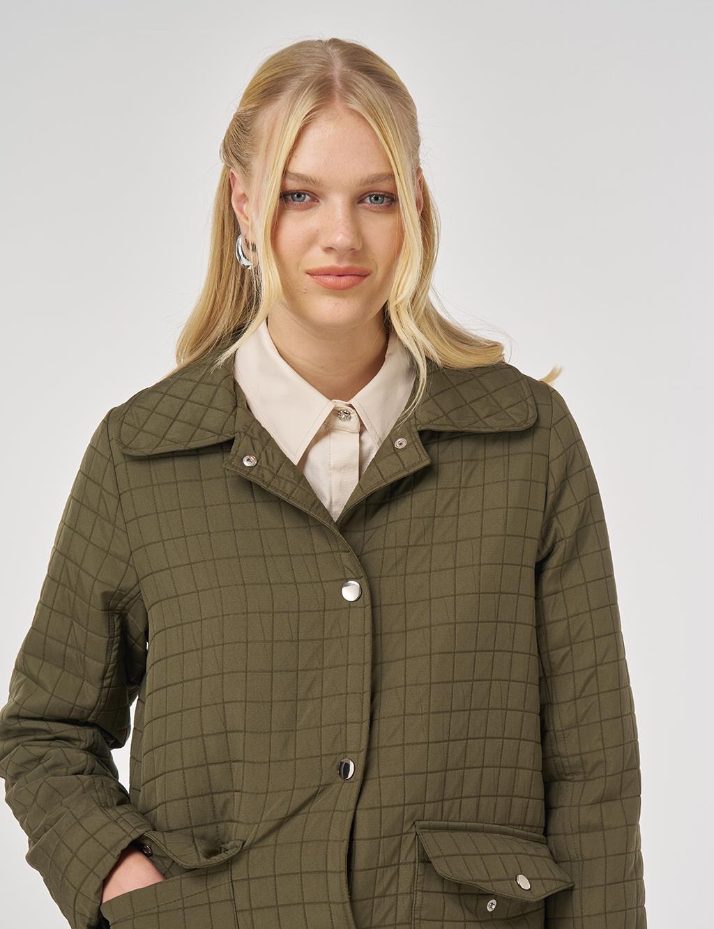 Wide-Collar Quilted Jacket in Khaki