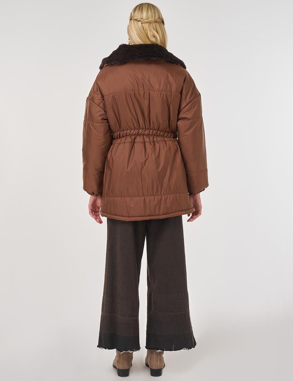 Fur-Collar Quilted Coat in Coffee