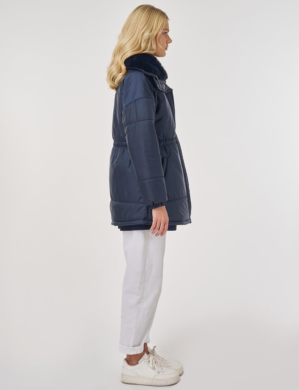 Fur-Collar Quilted Coat in Dark Navy