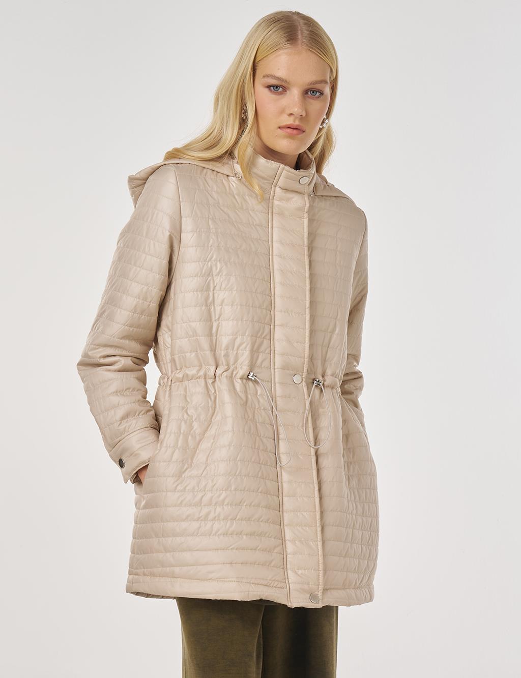 Hooded Quilted Coat in Cream