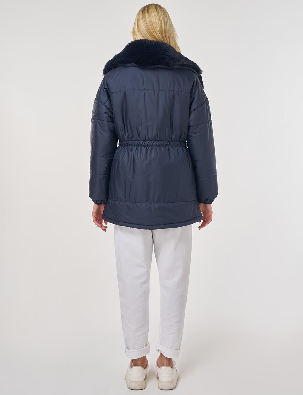 Fur-Collar Quilted Coat in Dark Navy