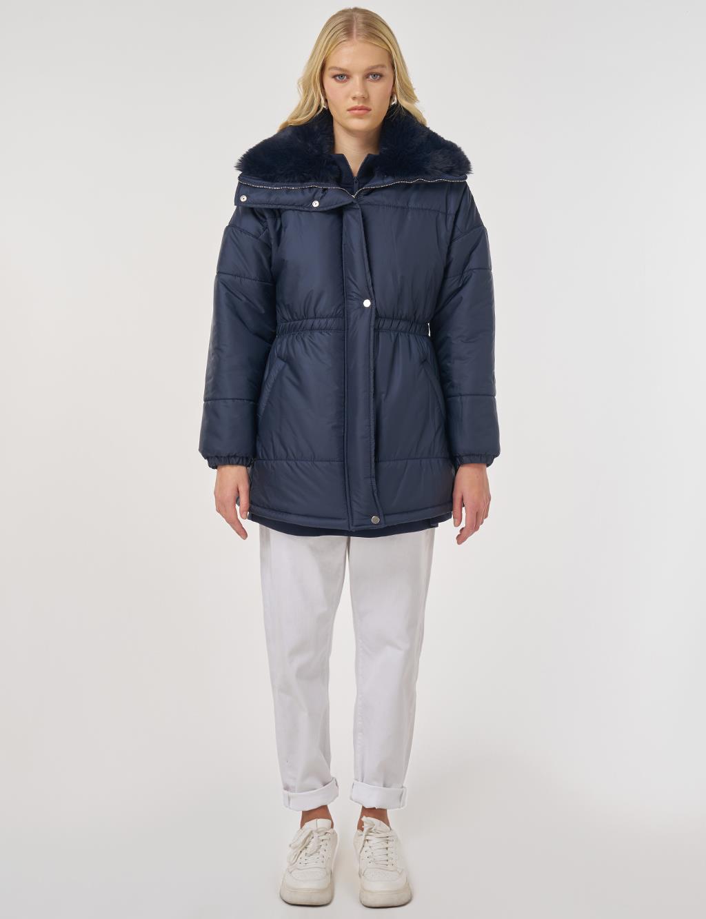 Fur-Collar Quilted Coat in Dark Navy