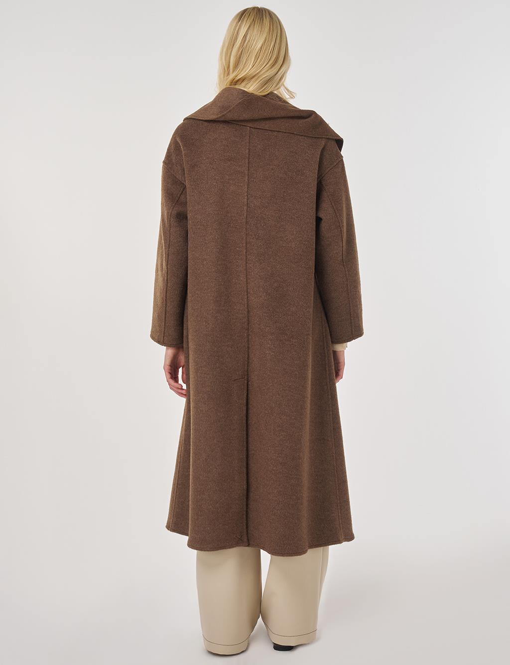 Button-Detailed Scarfed Cashmere Coat in Bitter Brown