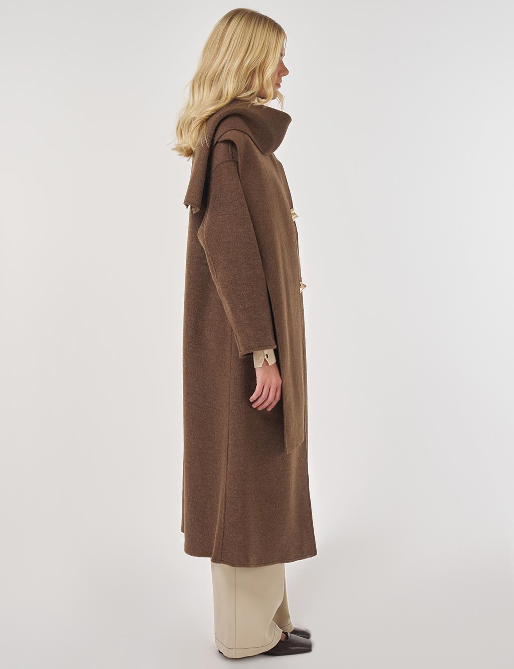 Button-Detailed Scarfed Cashmere Coat in Bitter Brown