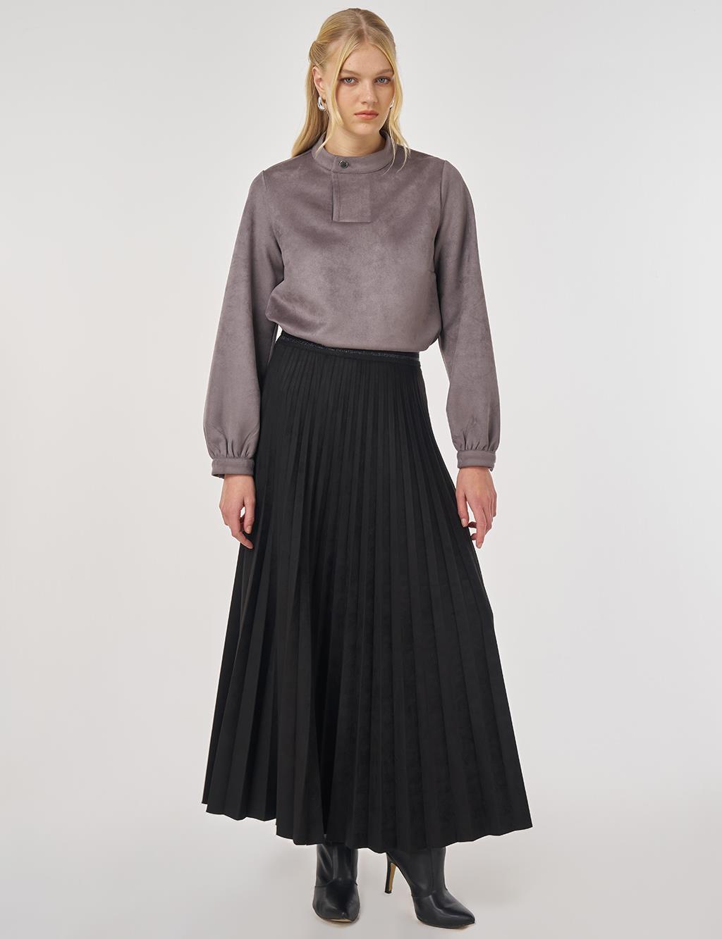 Pleated Suede Skirt in Black