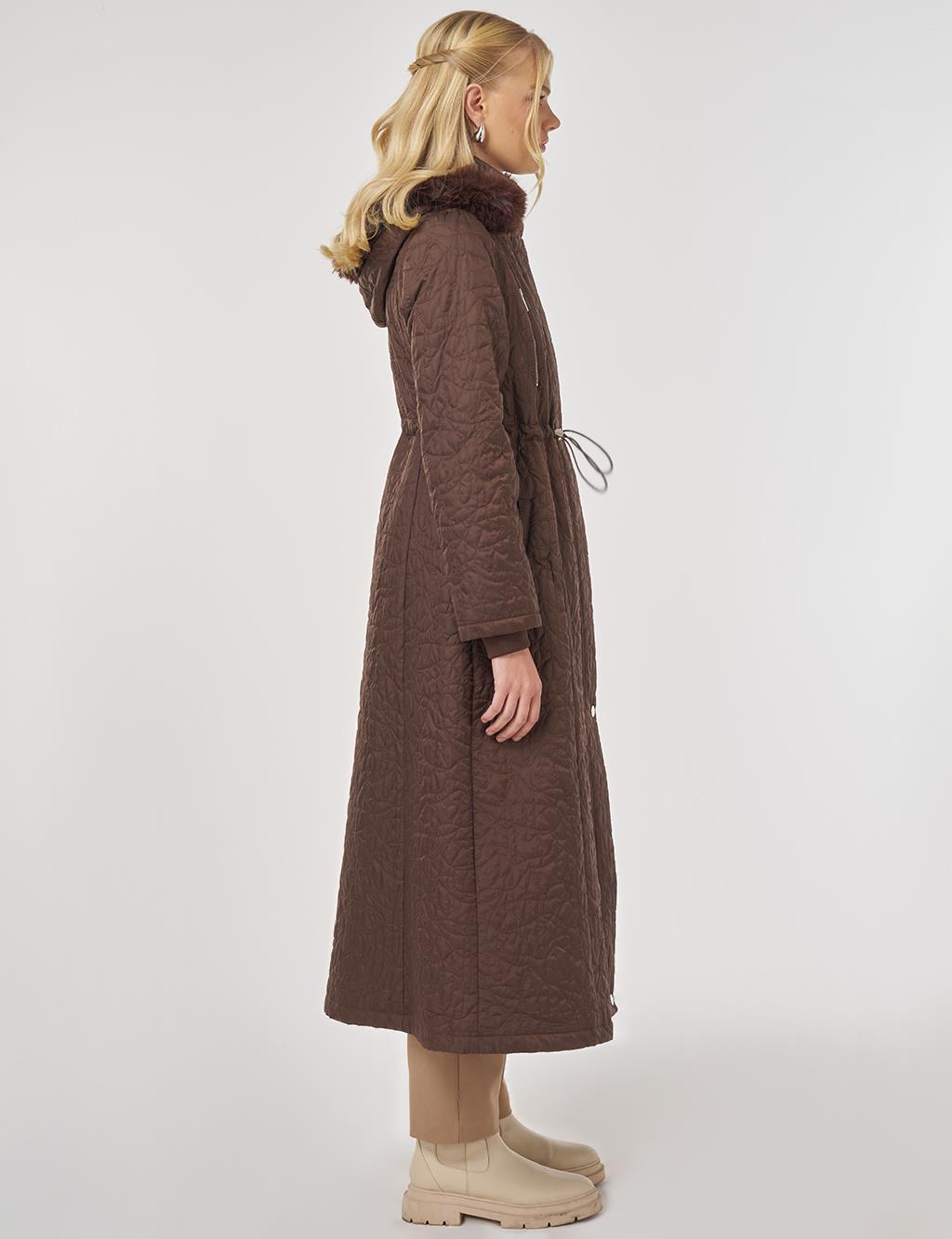 Fur-Detailed Quilted Coat in Dark Brown