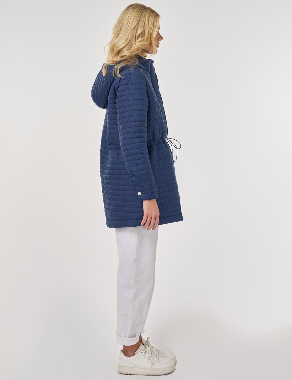Hooded Quilted Coat in Navy Blue