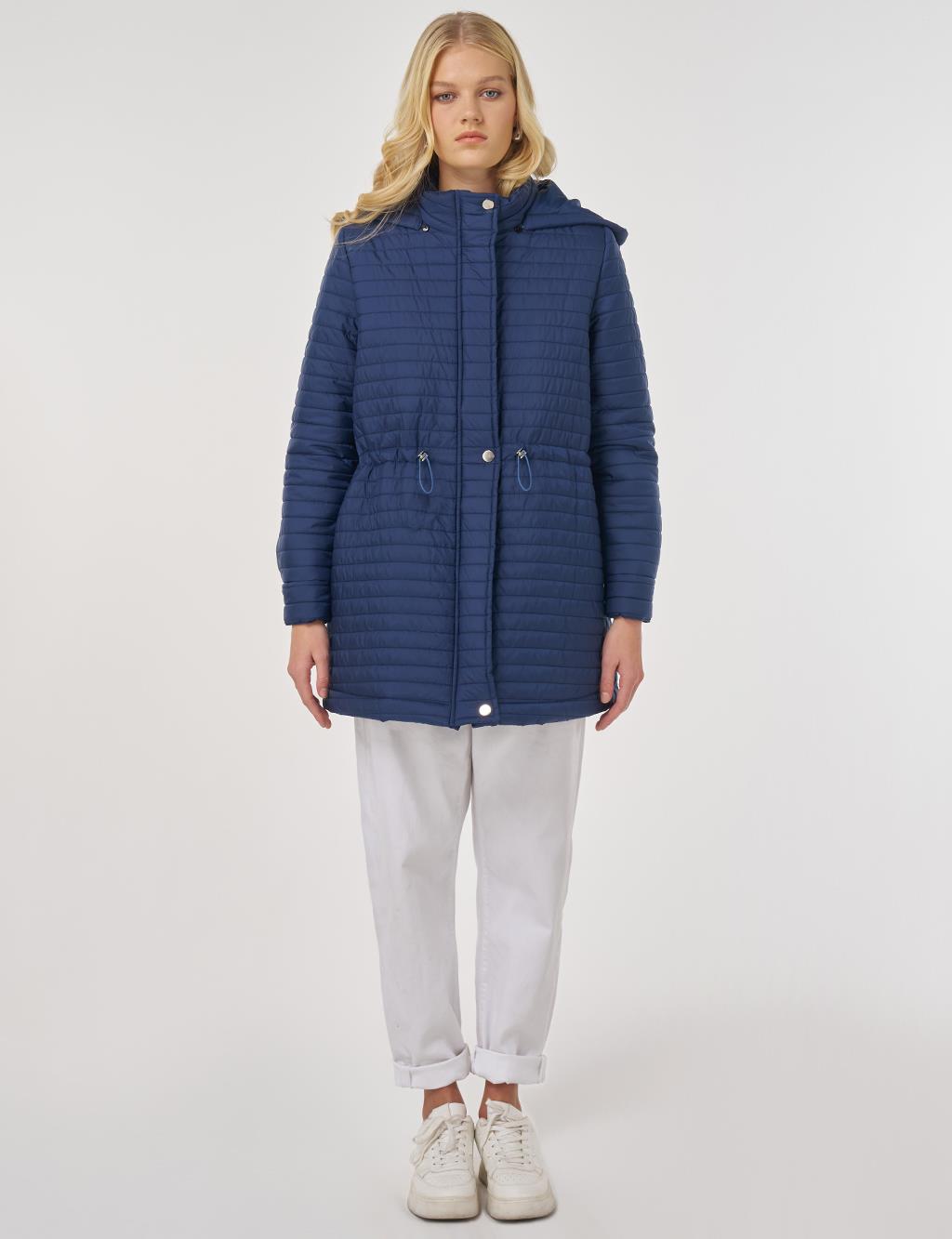 Hooded Quilted Coat in Navy Blue