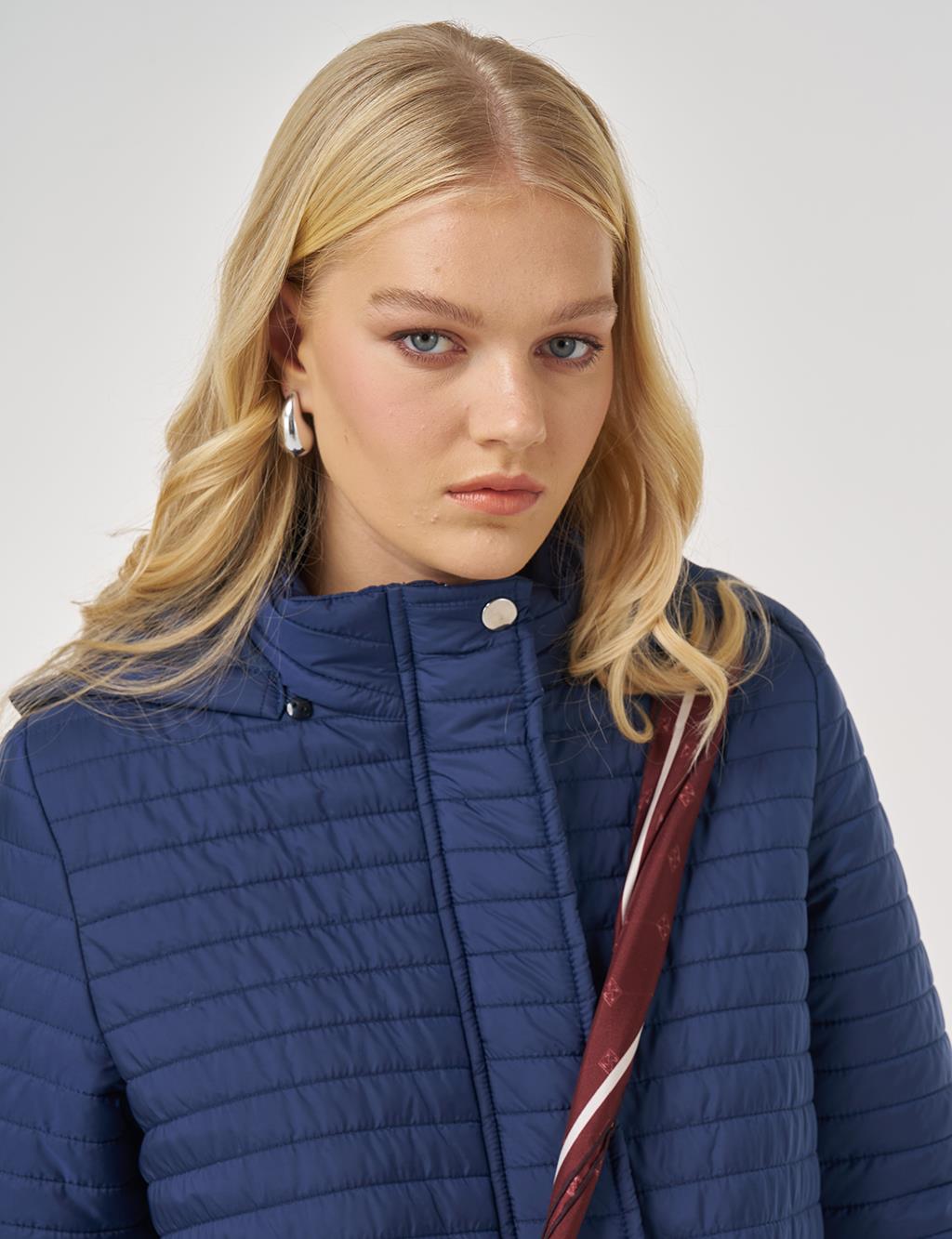 Hooded Quilted Coat in Navy Blue