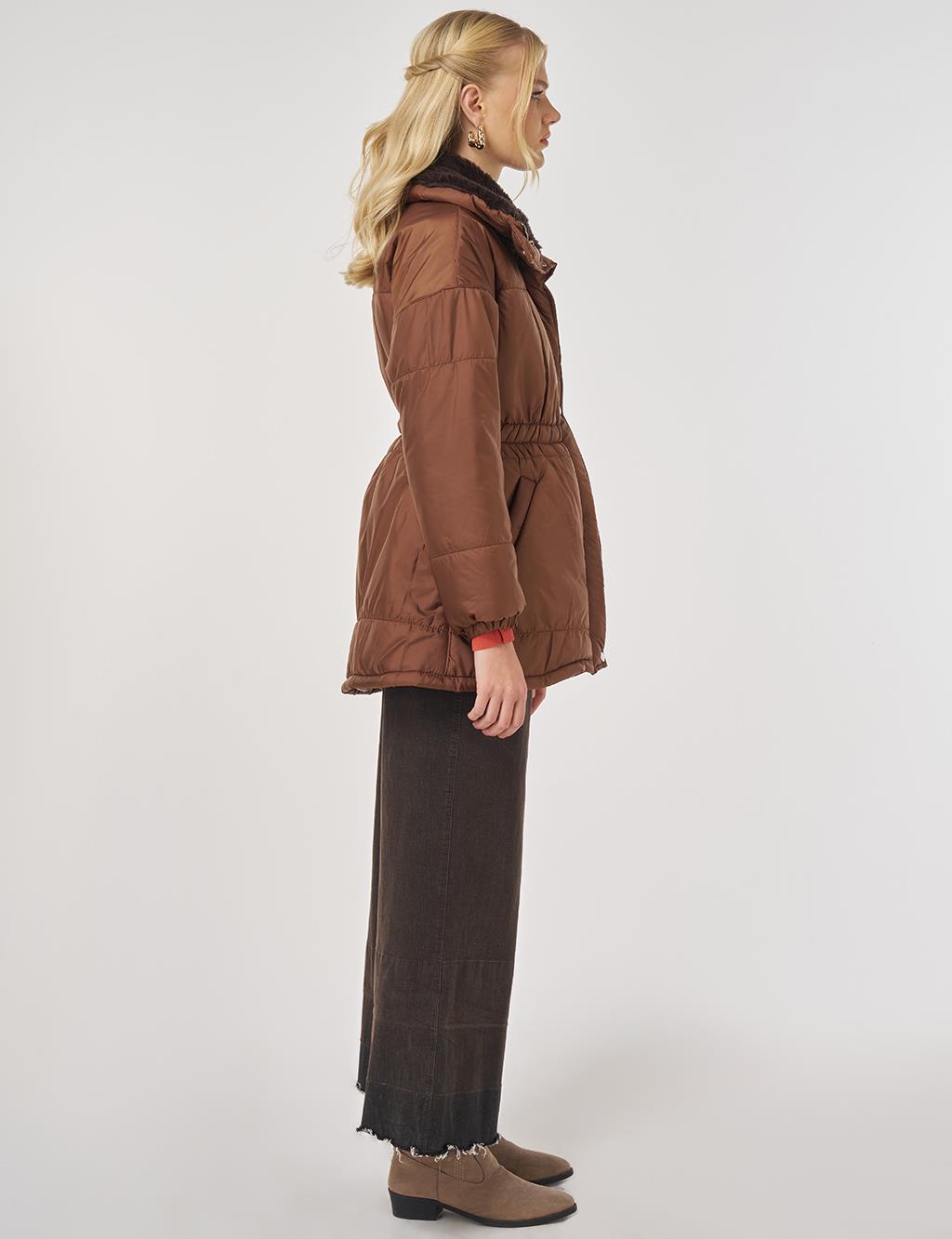 Fur-Collar Quilted Coat in Coffee