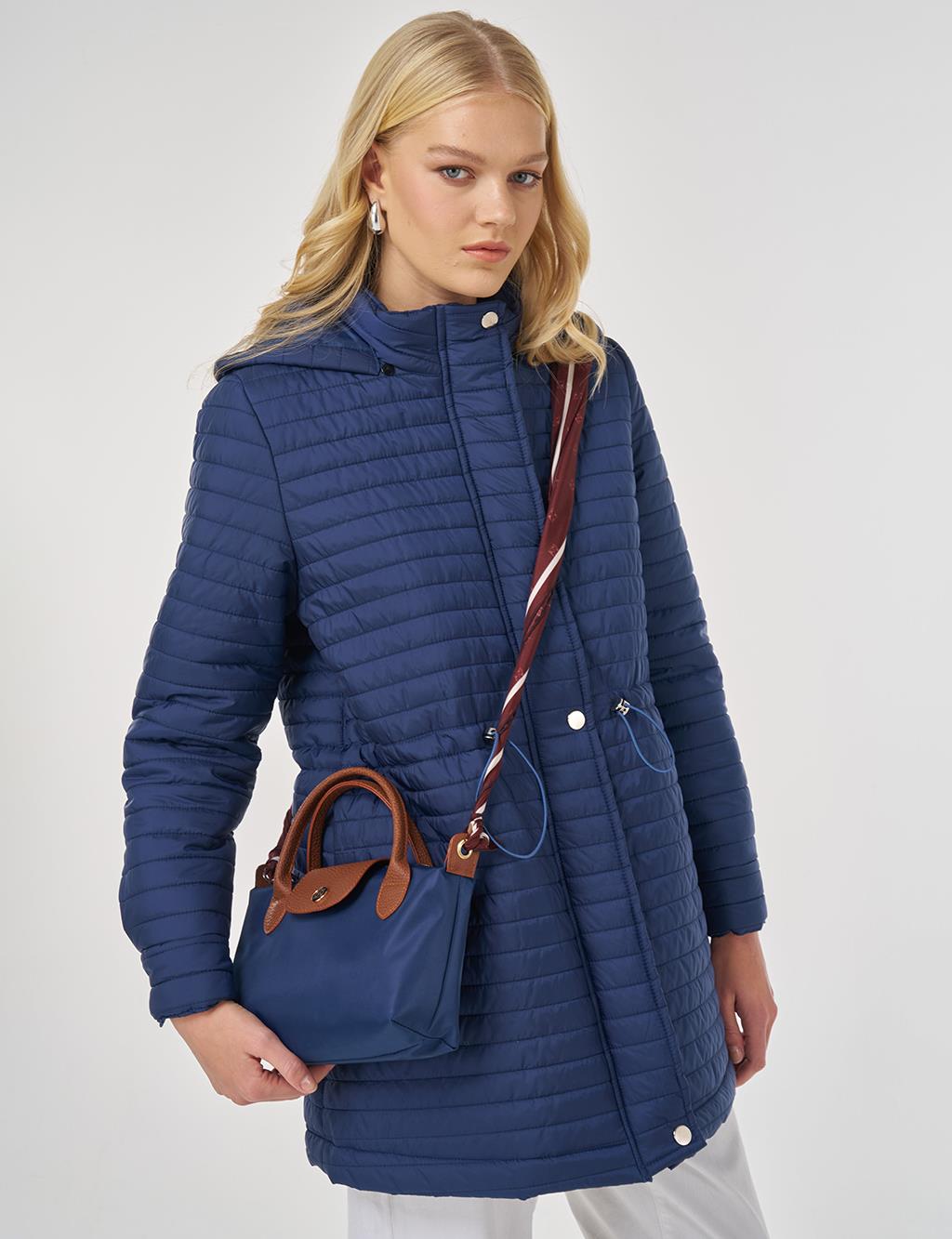 Hooded Quilted Coat in Navy Blue