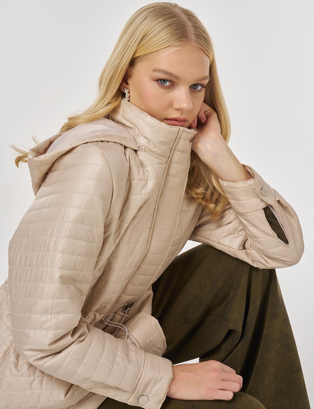 Hooded Quilted Coat in Cream