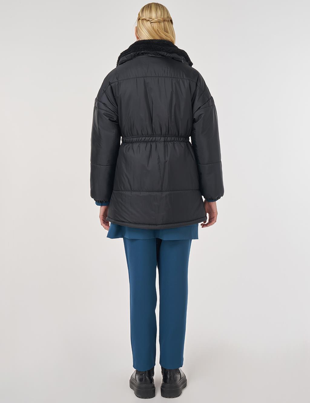 Fur-Collar Quilted Coat in Black