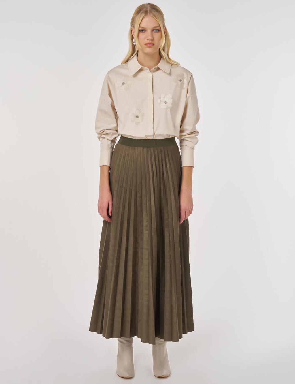 Pleated Suede Skirt in Khaki