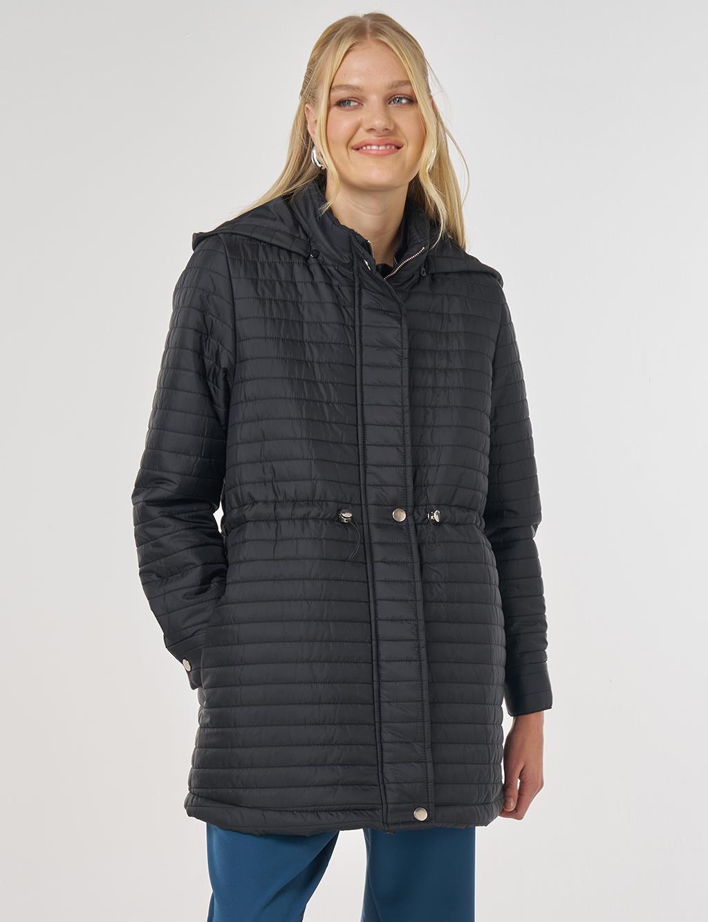 Hooded Quilted Coat in Black