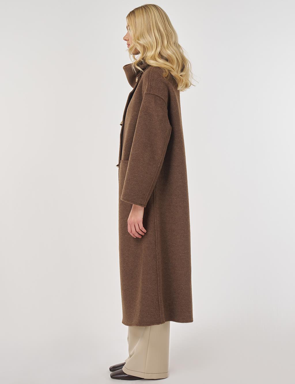 Button-Detailed Scarfed Cashmere Coat in Bitter Brown