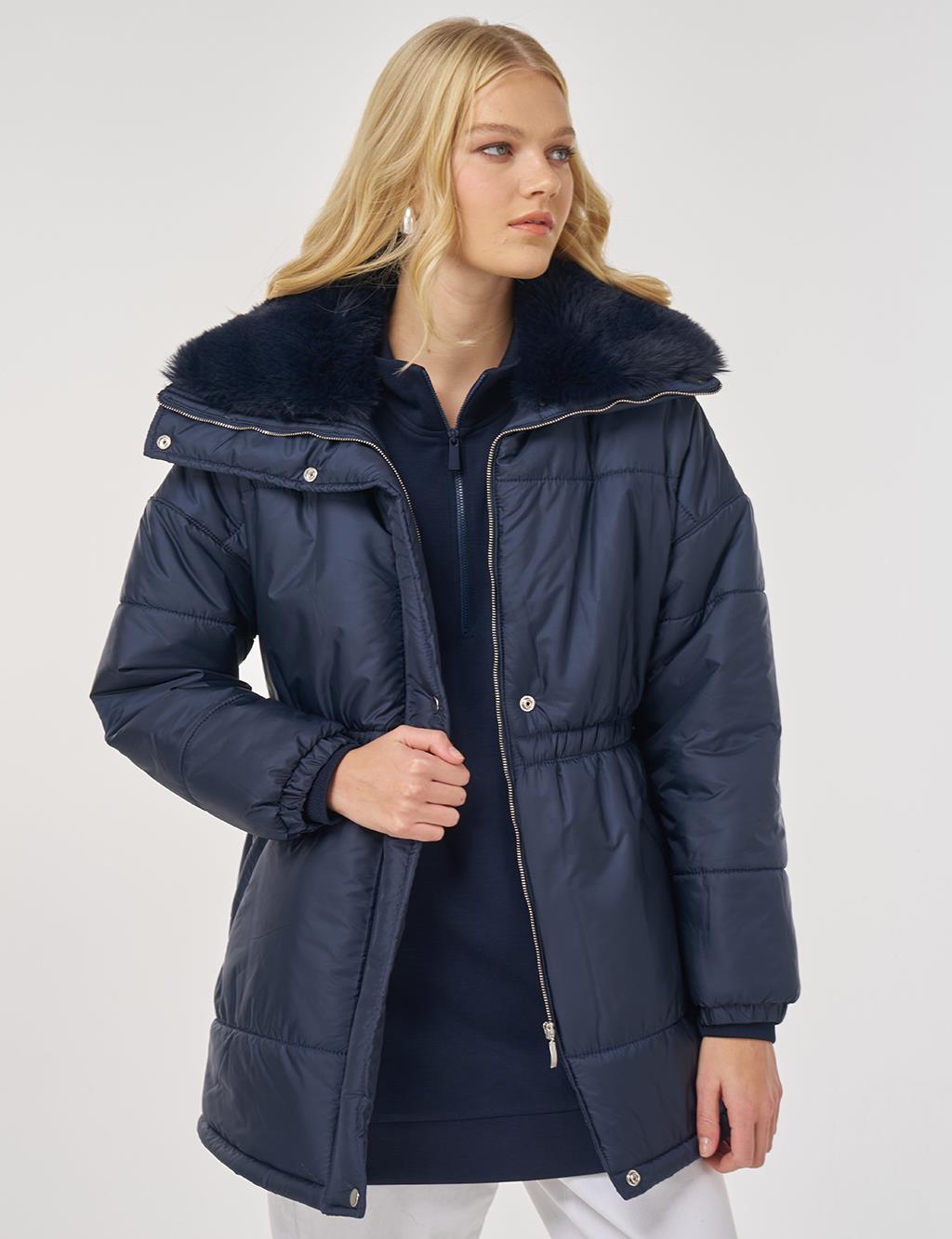 Fur-Collar Quilted Coat in Dark Navy